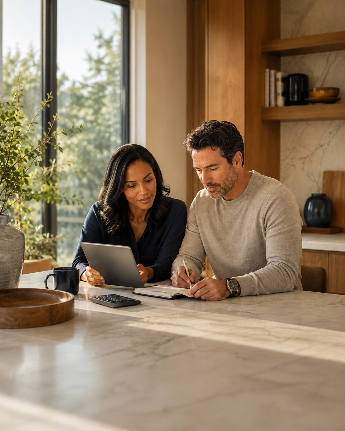 Couple reviewing their household budget and term life insurance costs
