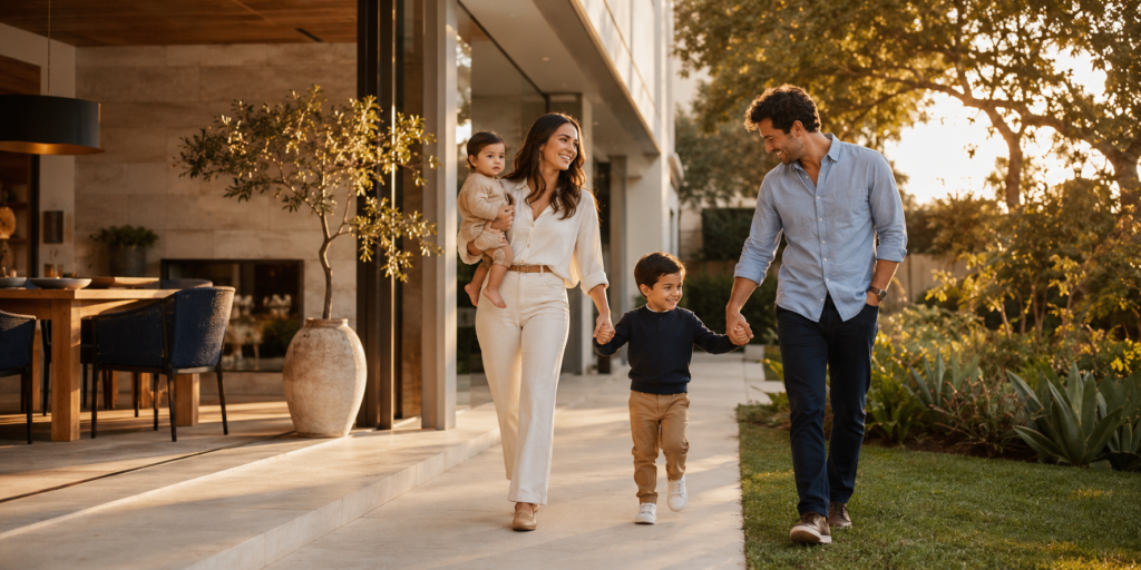 Young family walking outside their home, illustrating affordable term life insurance for families
