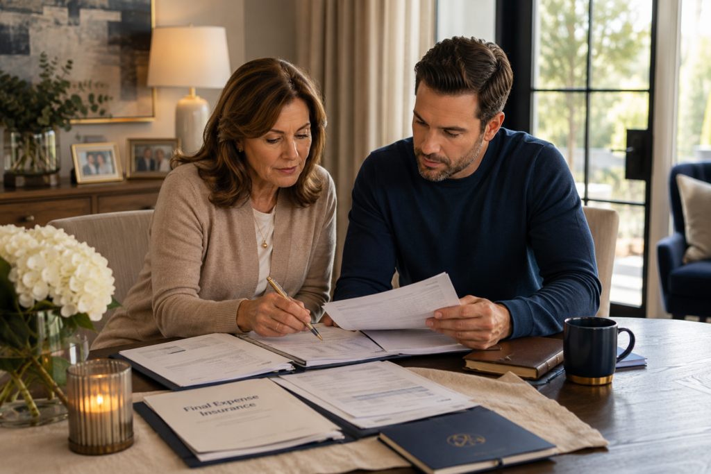 Mature family reviewing final expense coverage costs and waiting periods