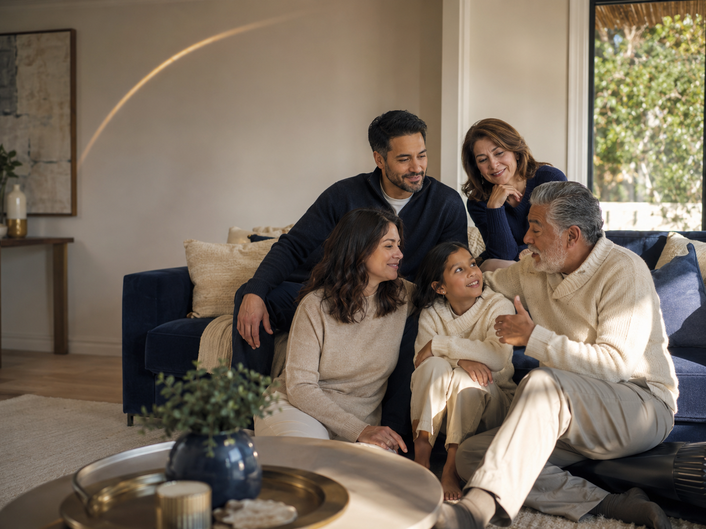 Multigenerational family reviewing options to compare types of life insurance policies