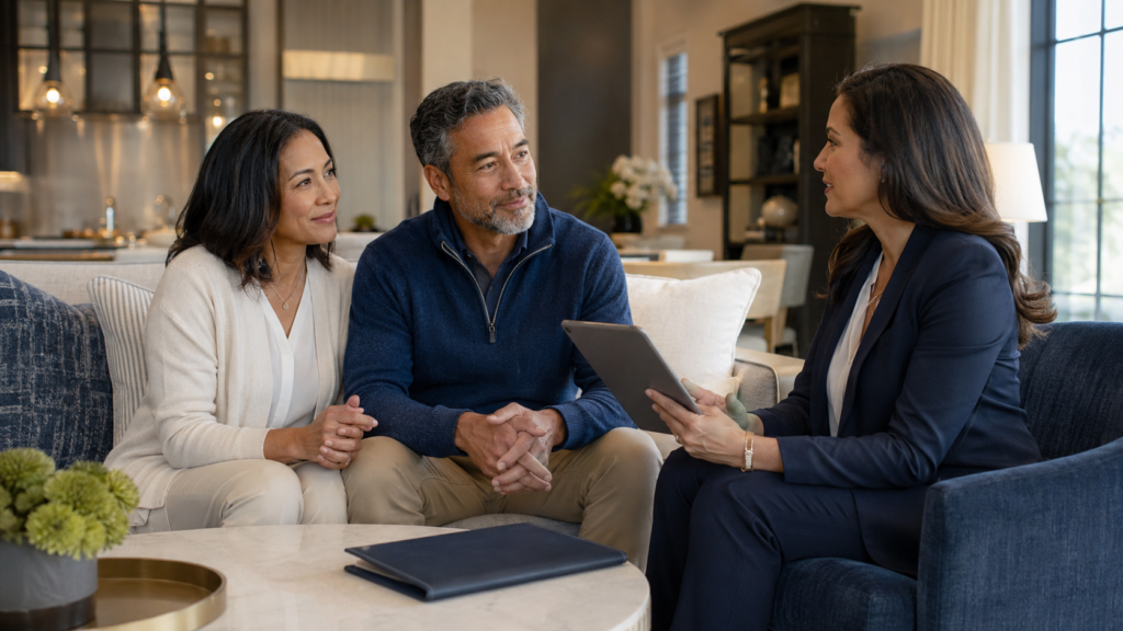 Family discussing term life insurance living benefits with an insurance professional