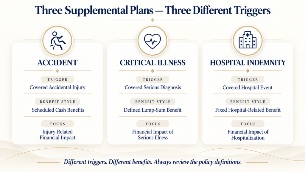 Comparison of accident insurance, critical illness insurance and hospital indemnity supplemental health coverage.
