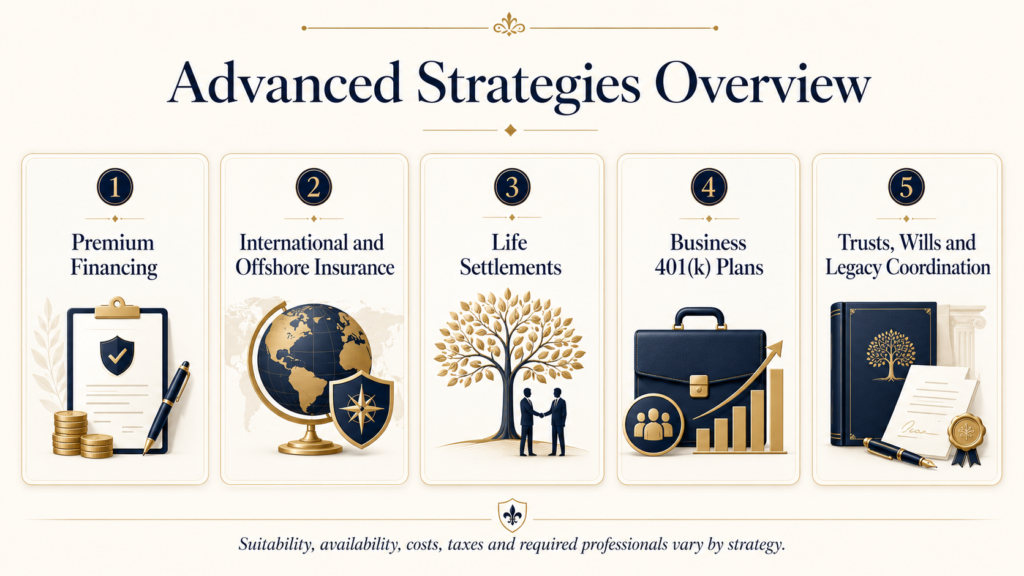 Comparison of five advanced strategies including premium financing, international insurance, life settlements, business 401(k) plans and legacy coordination.