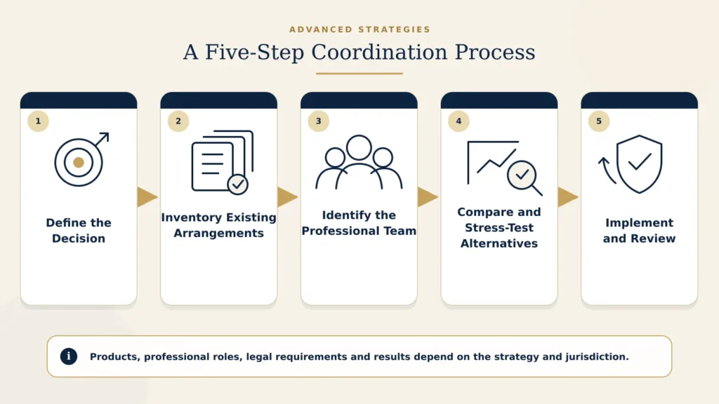 Five-step advanced insurance planning process from defining the decision to ongoing review.