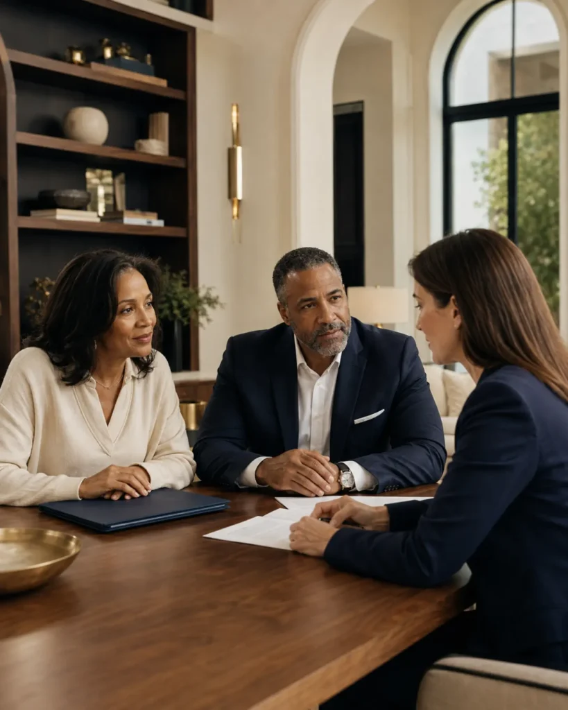 Business owners and a family reviewing advanced insurance strategies with professional guidance.