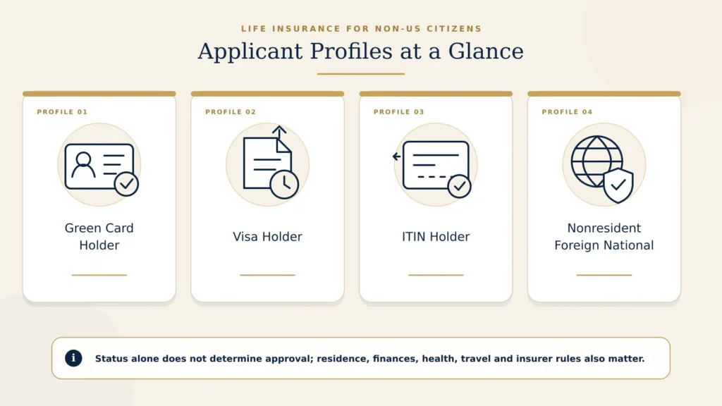 Comparison of life insurance considerations for green card holders, visa holders, ITIN holders and nonresident foreign nationals.