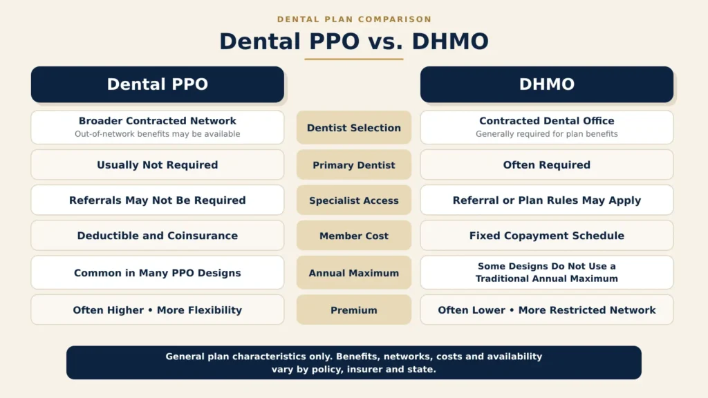 Comparison of dental PPO and DHMO provider access, costs and network rules.
