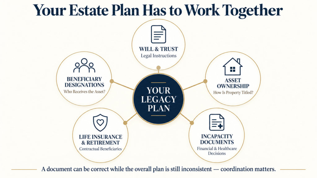 Estate planning coordination map connecting wills, trusts, beneficiary designations, life insurance, retirement accounts and asset ownership.