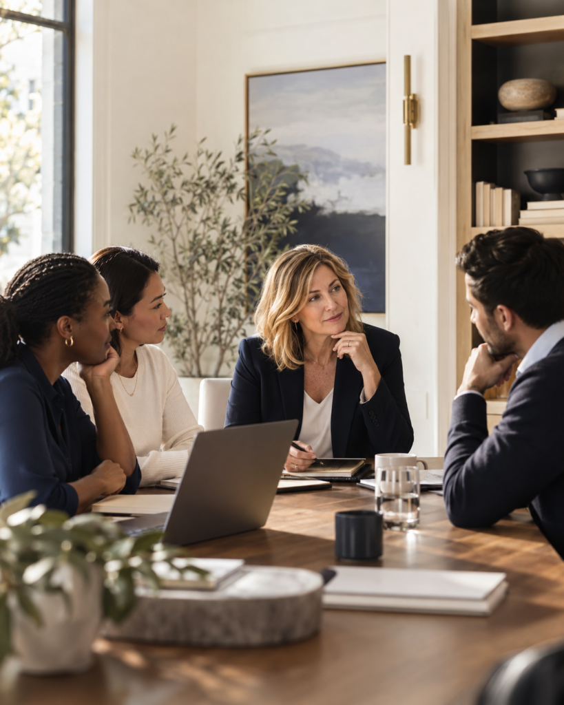 Small business owner and employees reviewing group health insurance options in a modern U.S. office.