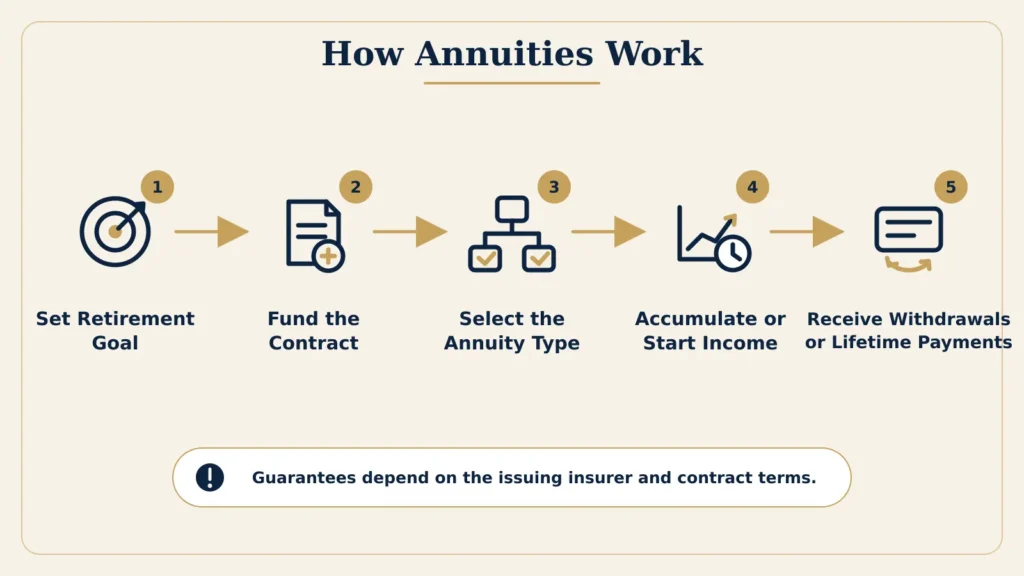 Five-step explanation of how annuities work for retirement income.