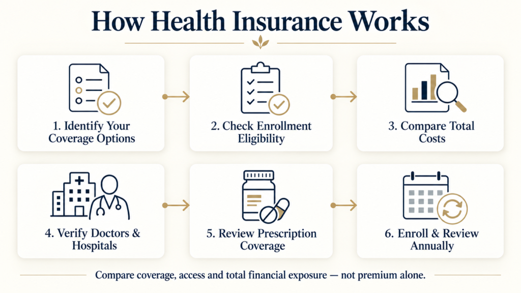 Six-step process for comparing and choosing health insurance in the United States.
