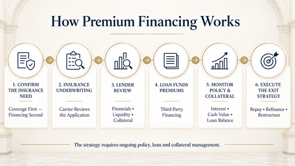 Six-step process showing how life insurance premium financing moves from insurance need through underwriting, lending, collateral and exit planning.