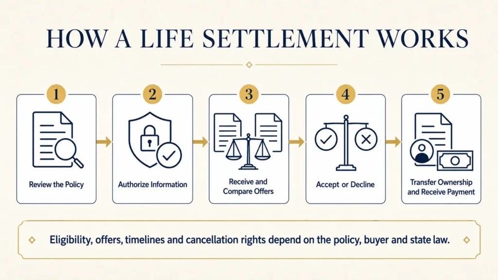 Five-step explanation of how a life settlement works from policy review to payment.