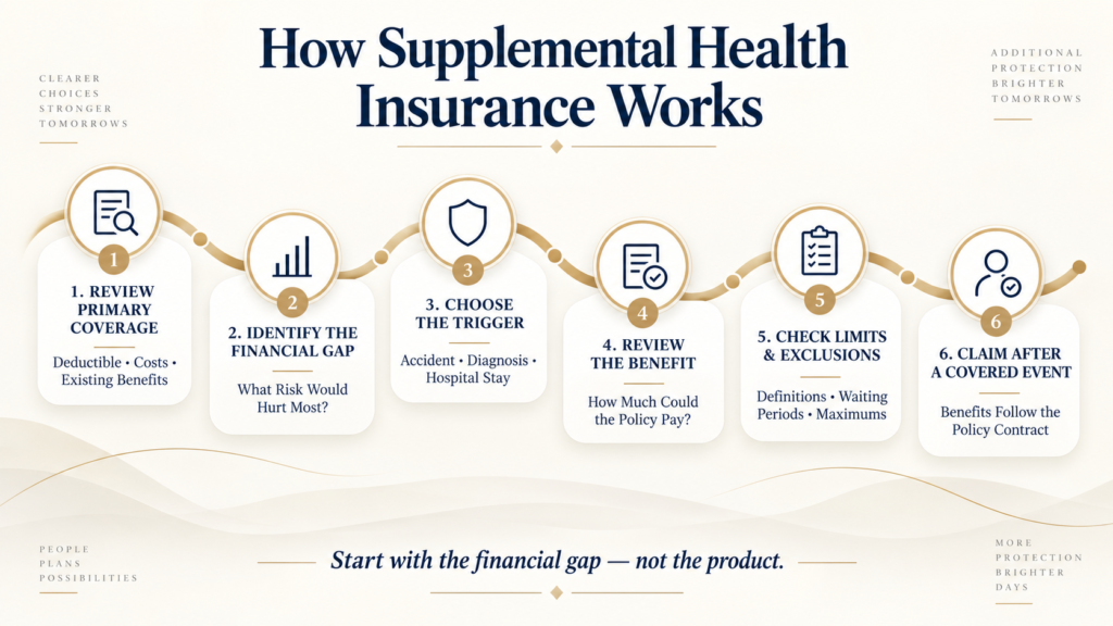 Six-step process for evaluating supplemental health insurance based on existing coverage, financial gaps, benefit triggers and exclusions.