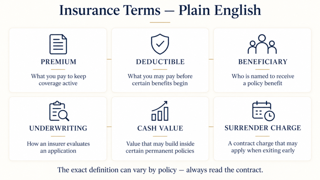 Common insurance terms explained in plain English, including premium, deductible, beneficiary, underwriting, cash value and surrender charge.