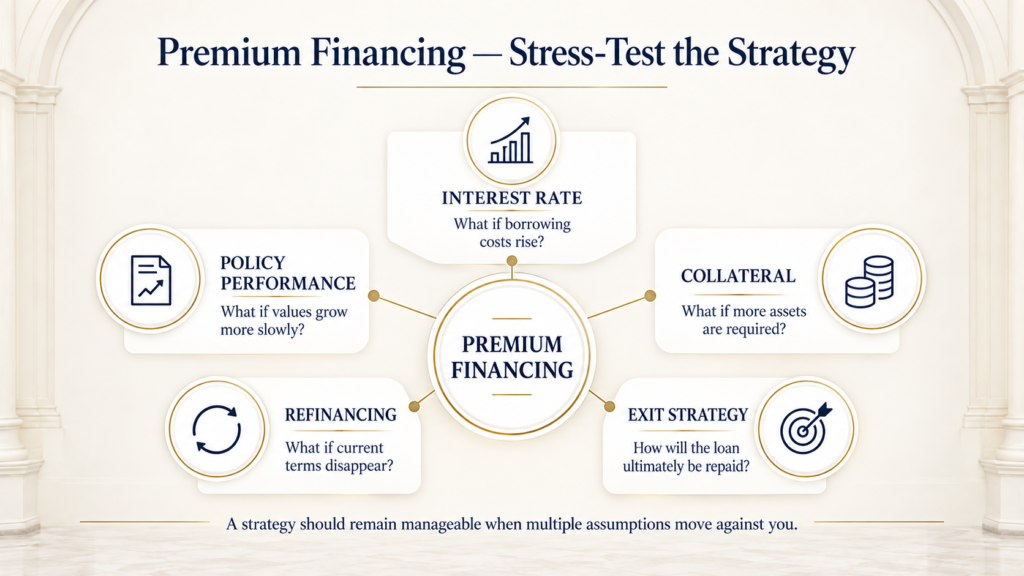 Life insurance premium financing risk framework covering interest rates, policy performance, collateral, refinancing and exit strategy