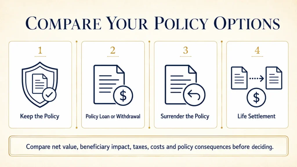 Comparison of keeping, borrowing from, surrendering and selling a life insurance policy.