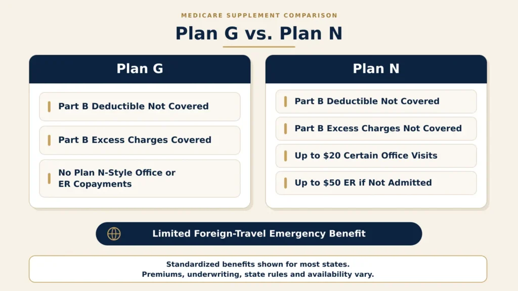 Comparison of Medicare Supplement Plan G and Plan N benefits, copayments and excess-charge coverage.