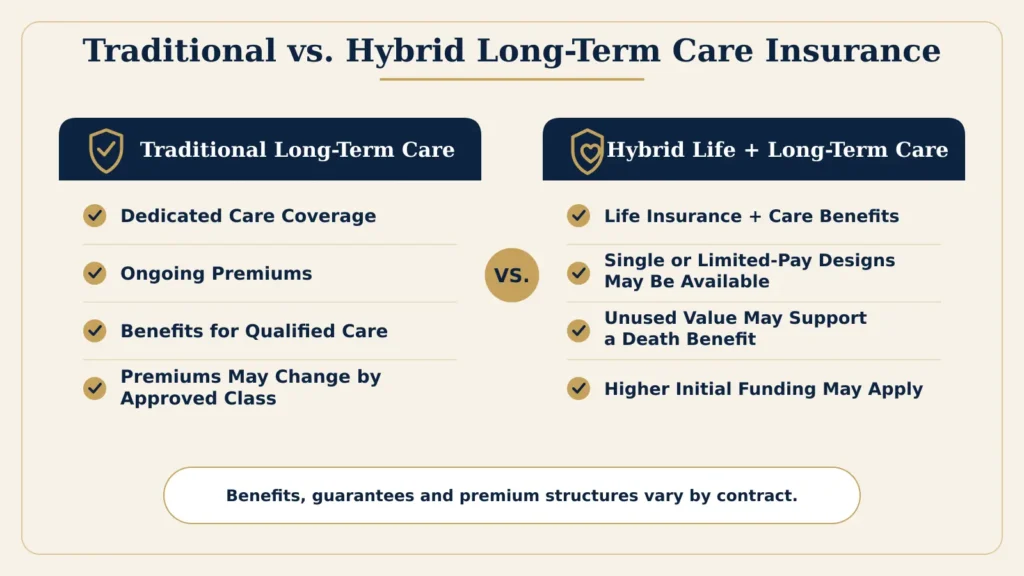 Comparison of traditional long-term care insurance and hybrid life insurance with long-term care benefits.